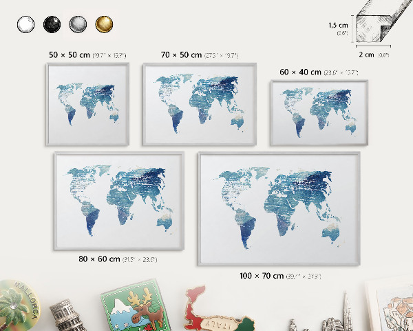 Pizarra para imanes de viajes en color plata Mapa de acuarela
