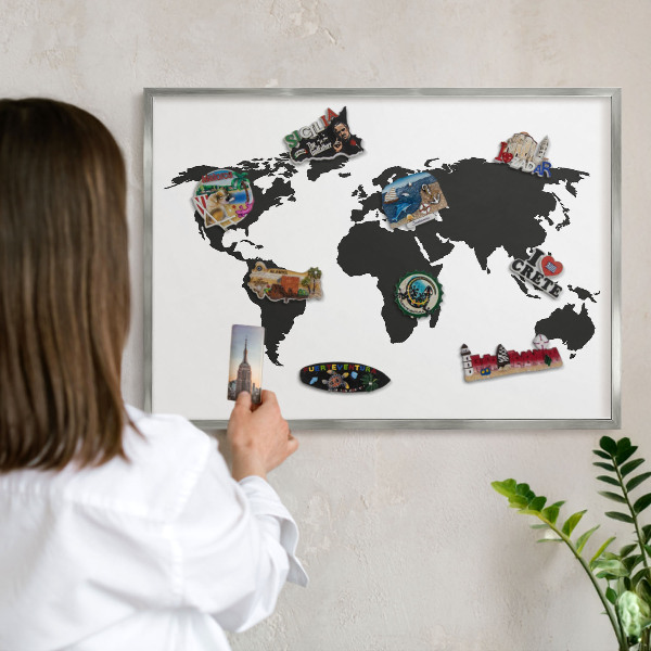 Pizarra para imanes de viajes en color plata Mapa del mundo