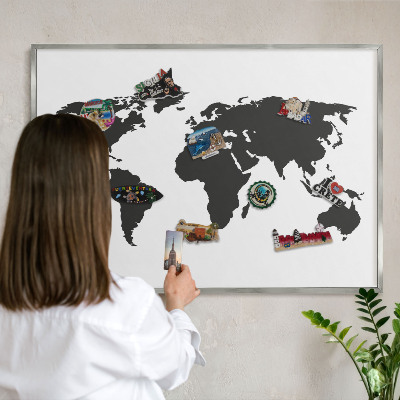 Pizarra para imanes de viajes en color plata Mapa del mundo