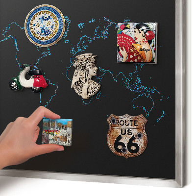 Pizarra magnética para souvenirs de viajes con marco plateado Mapa del mundo