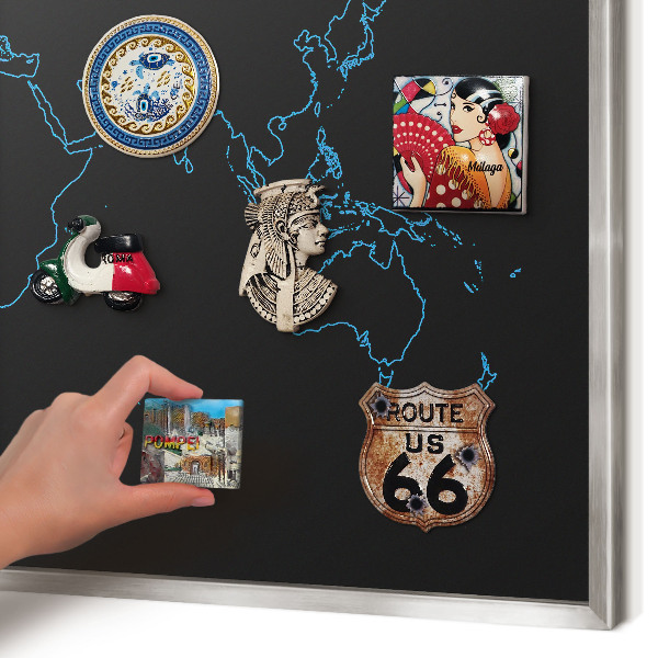 Pizarra magnética para souvenirs de viajes con marco plateado Mapa del mundo