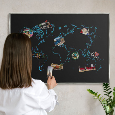 Pizarra magnética para souvenirs de viajes con marco plateado Mapa del mundo