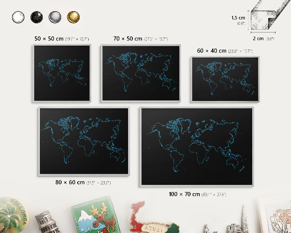 Pizarra magnética para souvenirs de viajes con marco plateado Mapa del mundo