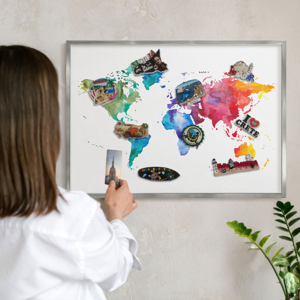 Pizarra magnética para souvenirs de viajes con marco plateado Mapa de colores