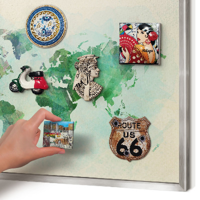Pizarra magnética para souvenirs de viajes con marco plateado Mapa del mundo