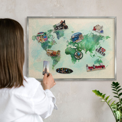 Pizarra magnética para souvenirs de viajes con marco plateado Mapa del mundo