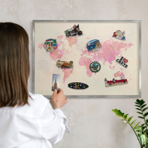 Pizarra para imanes de viajes en color plata Mapa del mundo