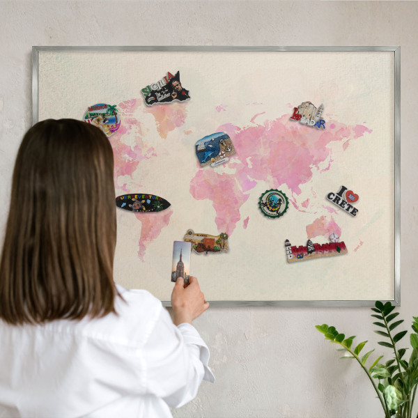 Pizarra para imanes de viajes en color plata Mapa del mundo