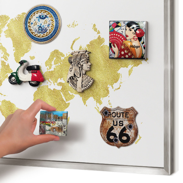 Pizarra magnética para souvenirs de viajes con marco plateado Mapa del mundo