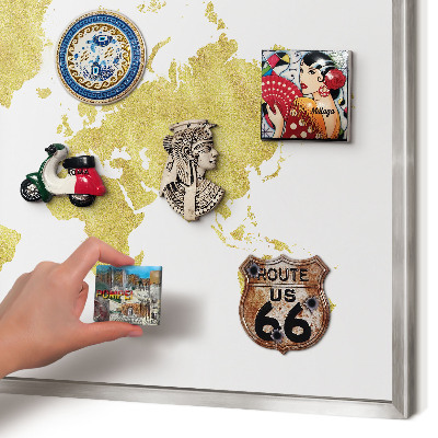 Pizarra magnética para souvenirs de viajes con marco plateado Mapa del mundo