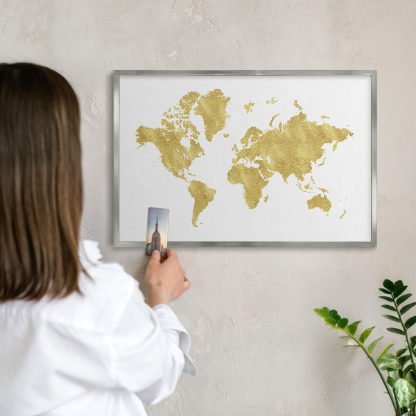 Pizarra magnética para souvenirs de viajes con marco plateado Mapa del mundo