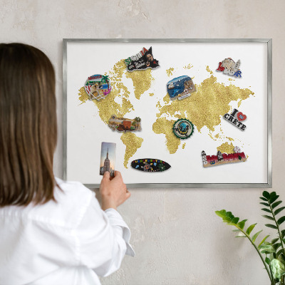 Pizarra magnética para souvenirs de viajes con marco plateado Mapa del mundo