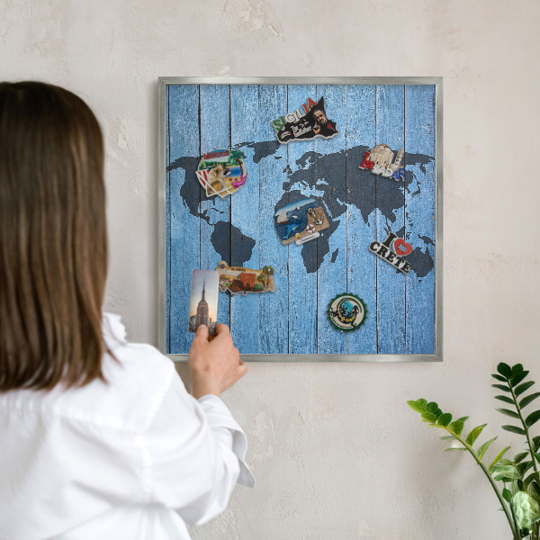 Pizarra para imanes de viajes en color plata Mapa del mundo