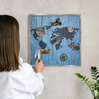 Pizarra para imanes de viajes en color plata Mapa del mundo