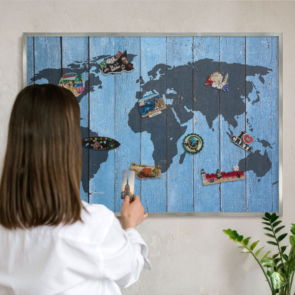 Pizarra para imanes de viajes en color plata Mapa del mundo