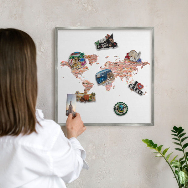 Pizarra magnética para souvenirs de viajes con marco plateado Mapa de ladrillos