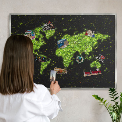 Pizarra para imanes de viajes en color plata Mapa verde