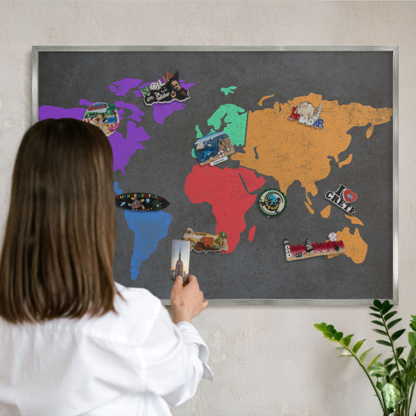 Pizarra magnética para souvenirs de viajes con marco plateado Mapa de colores