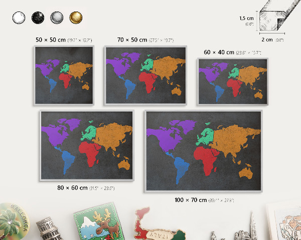 Pizarra magnética para souvenirs de viajes con marco plateado Mapa de colores