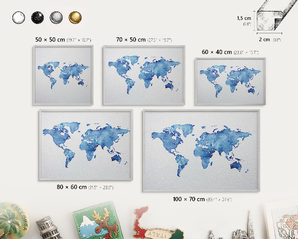 Pizarra para imanes de viajes en color plata Mapa de acuarela