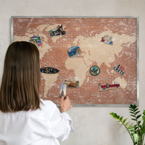 Pizarra magnética para souvenirs de viajes con marco plateado Mapa de ladrillos