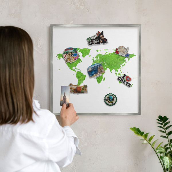 Pizarra para imanes de viajes en color plata Mapa verde