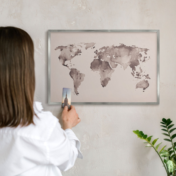 Pizarra magnética para souvenirs de viajes con marco plateado Mapa del mundo