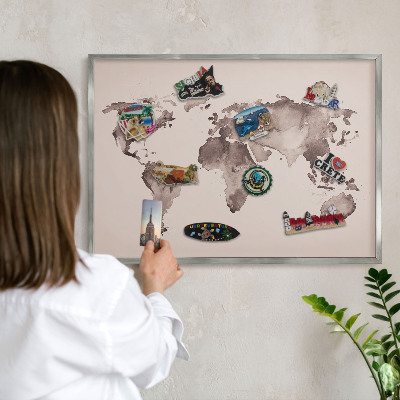 Pizarra magnética para souvenirs de viajes con marco plateado Mapa del mundo