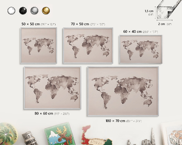Pizarra magnética para souvenirs de viajes con marco plateado Mapa del mundo