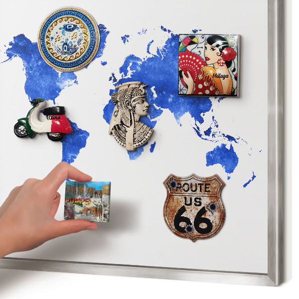 Pizarra magnética para souvenirs de viajes con marco plateado Mapa del mundo