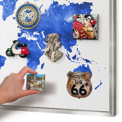 Pizarra magnética para souvenirs de viajes con marco plateado Mapa del mundo