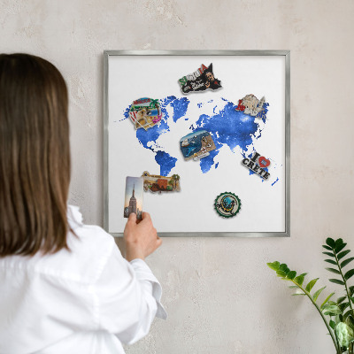 Pizarra magnética para souvenirs de viajes con marco plateado Mapa del mundo