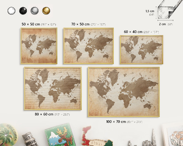 Pizarra magnética de pared en color oro Mapa del mundo