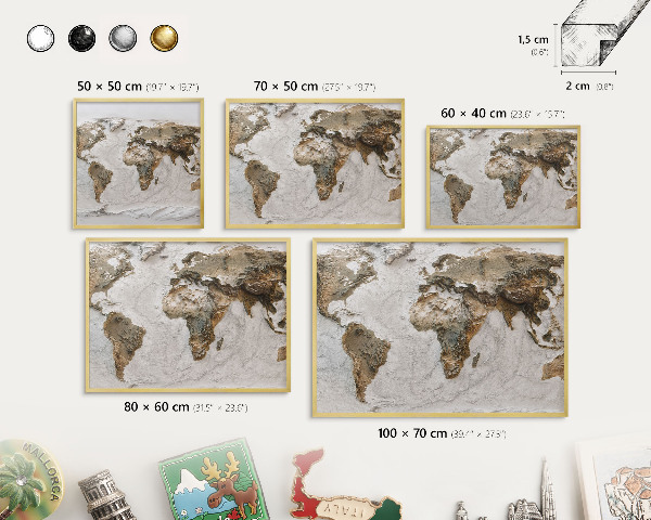 Pizarra magnética de pared en color oro Mapa de relieve