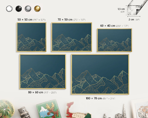 Tablero para imanes decorativo con marco dorado Minimalismo de montaña