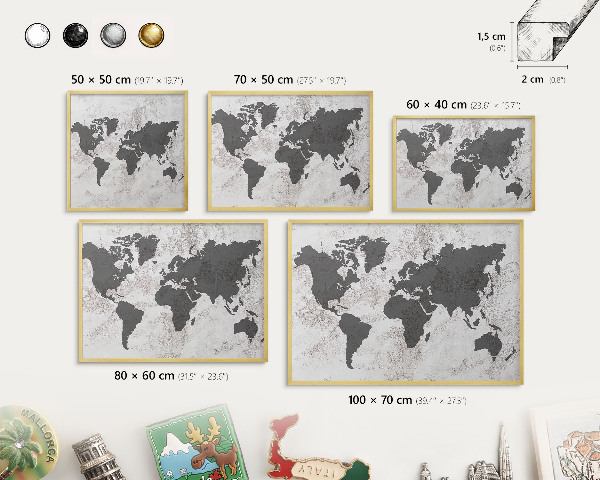Pizarra magnética de pared en color oro Mapa del mundo