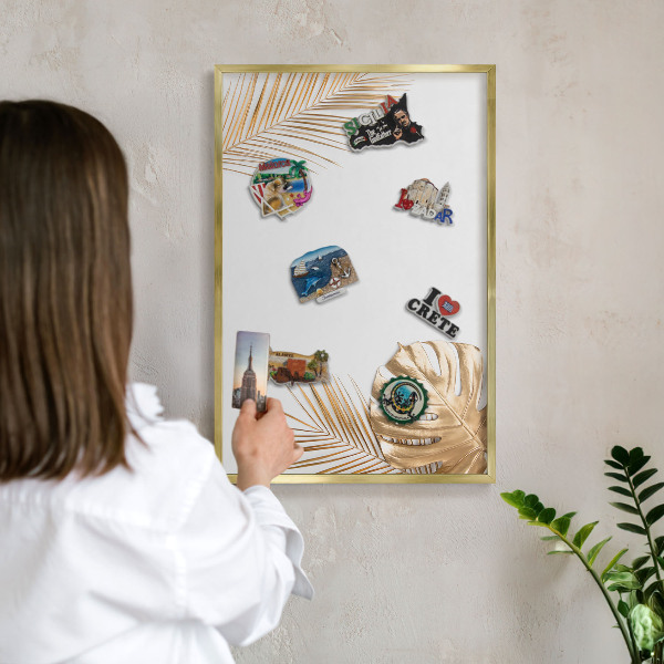 Tablero para imanes decorativo con marco dorado Hojas elegantes