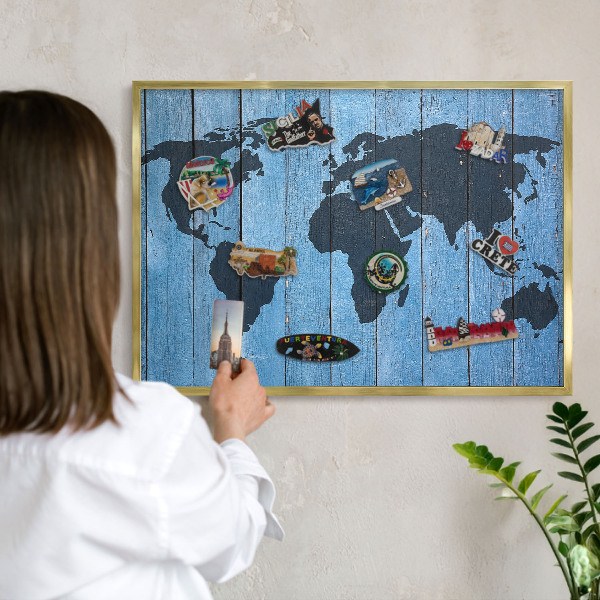Pizarra magnética de pared en color oro Mapa del mundo