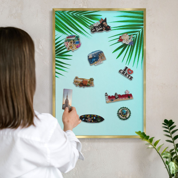 Tablero para imanes decorativo con marco dorado Hojas verdes