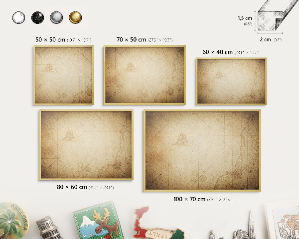 Pizarra magnética de pared en color oro Mapa antiguo