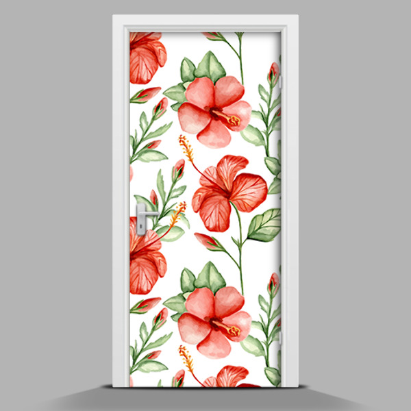 Vinilo para puerta de interior autoadhesivo Flores hawaianas rojas