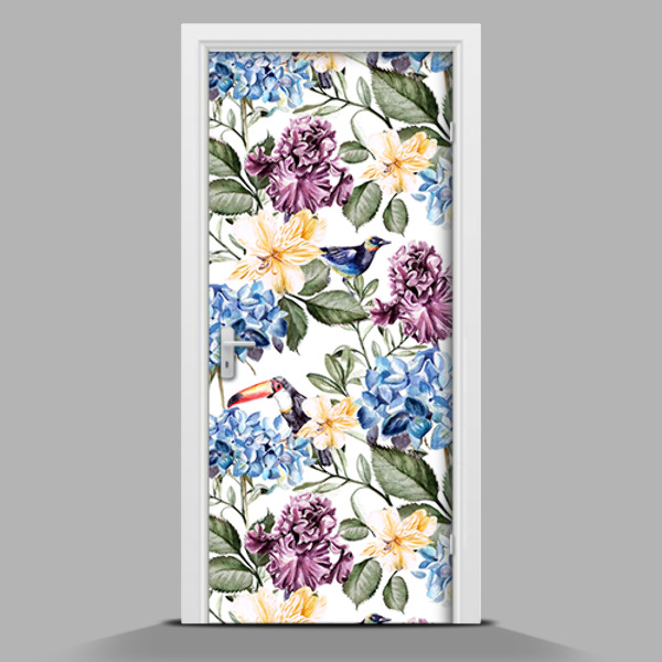 Papel adhesivo para puerta Flores de colores y tucanes