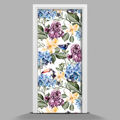 Papel adhesivo para puerta Flores de colores y tucanes