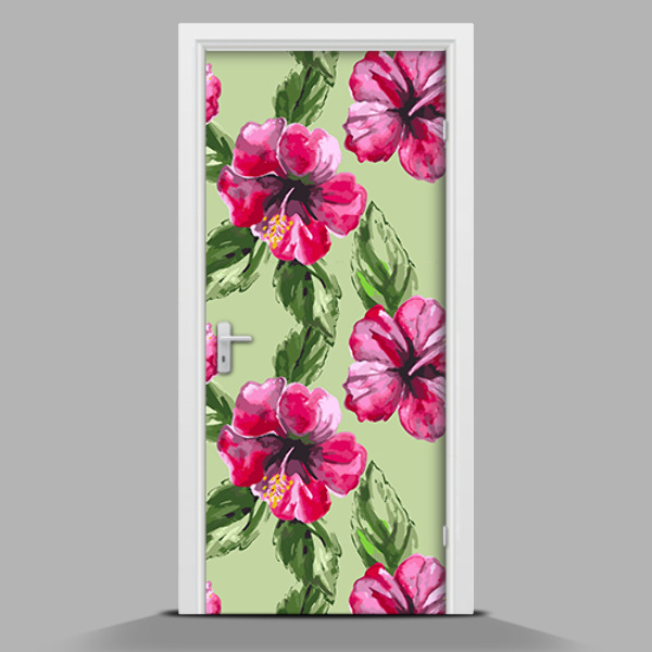Papel adhesivo para puerta Grandes flores sobre fondo verde claro