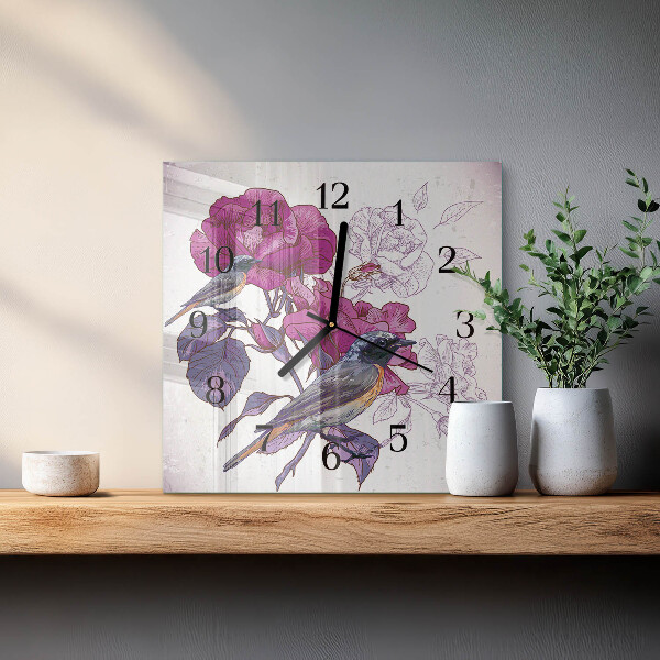 Reloj de vidrio Pájaros Flores