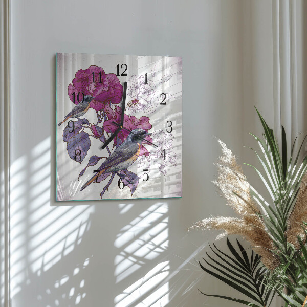 Reloj de vidrio Pájaros Flores